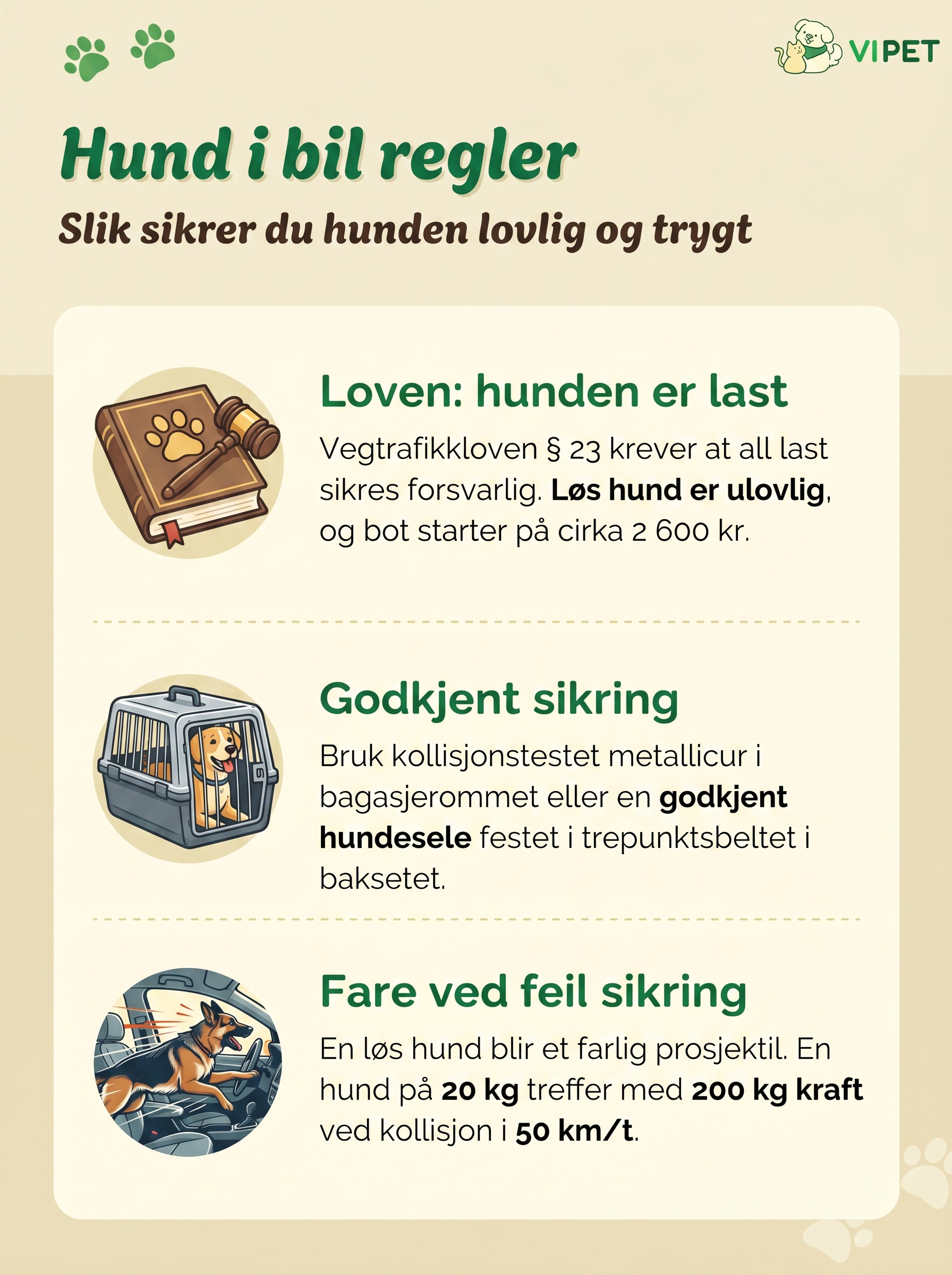 Infografikk om regler for hund i bil: lovkrav, godkjent sikring med bur eller sele, og farer ved feil sikring.
