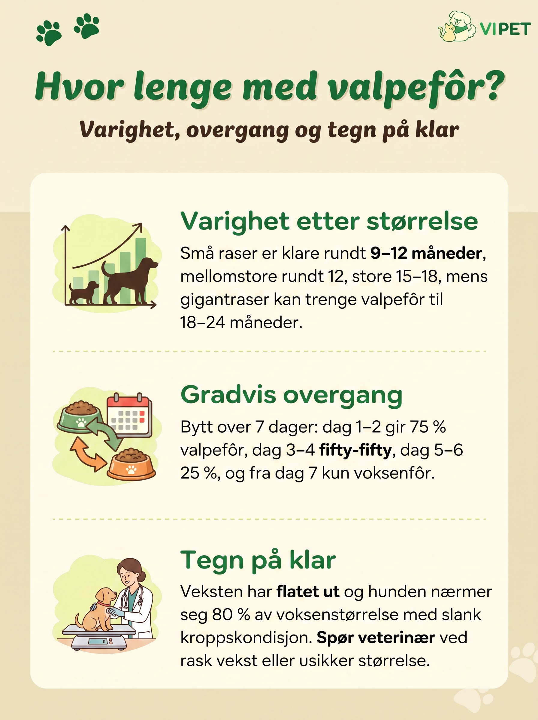 Infografikk om hvor lenge hunden skal ha valpefôr, gradvis overgang til voksenfôr og tegn på at valpen er klar
