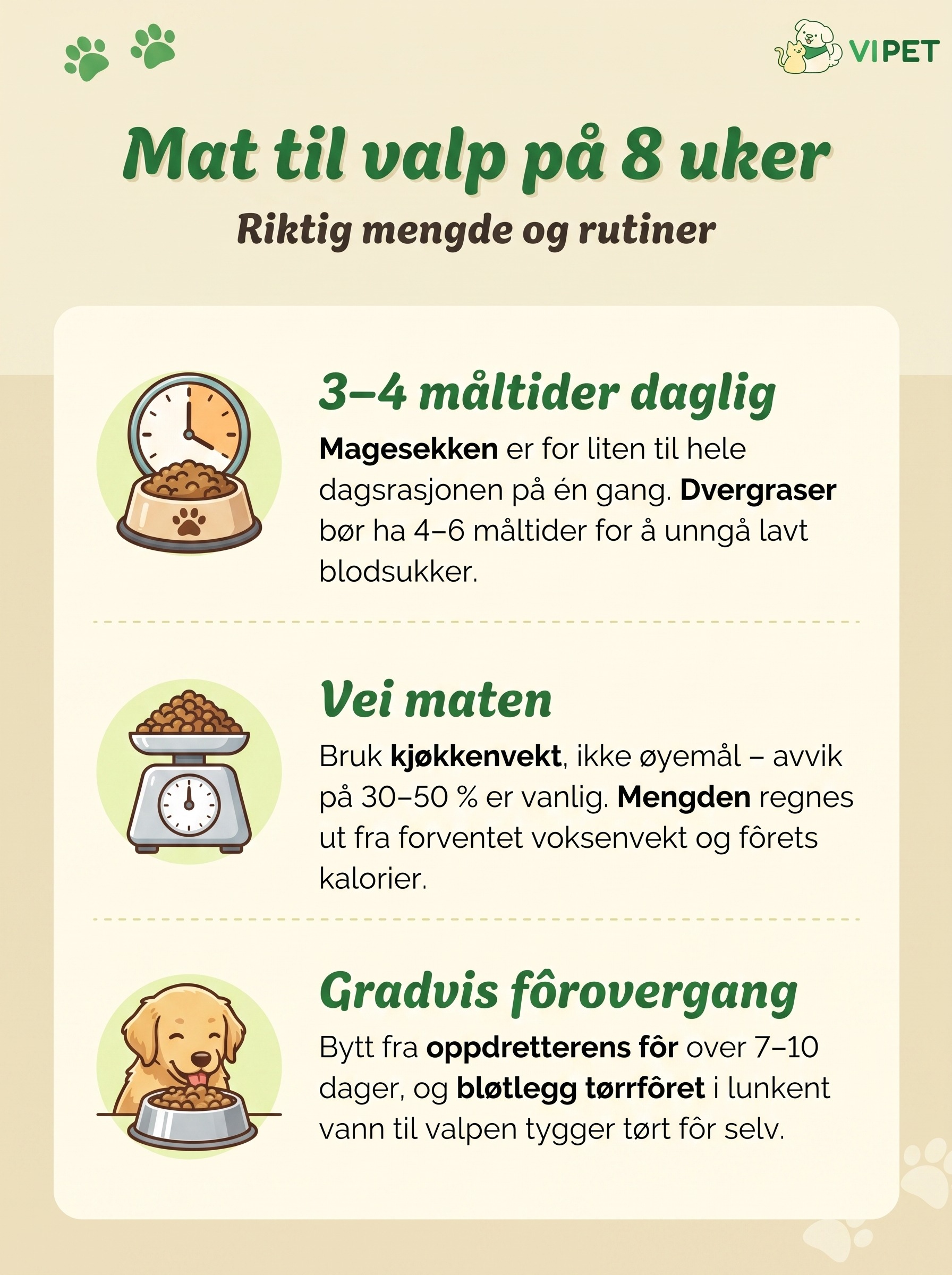 Infografikk om mat til valp på 8 uker: antall måltider, veiing av fôrmengde og gradvis fôrovergang