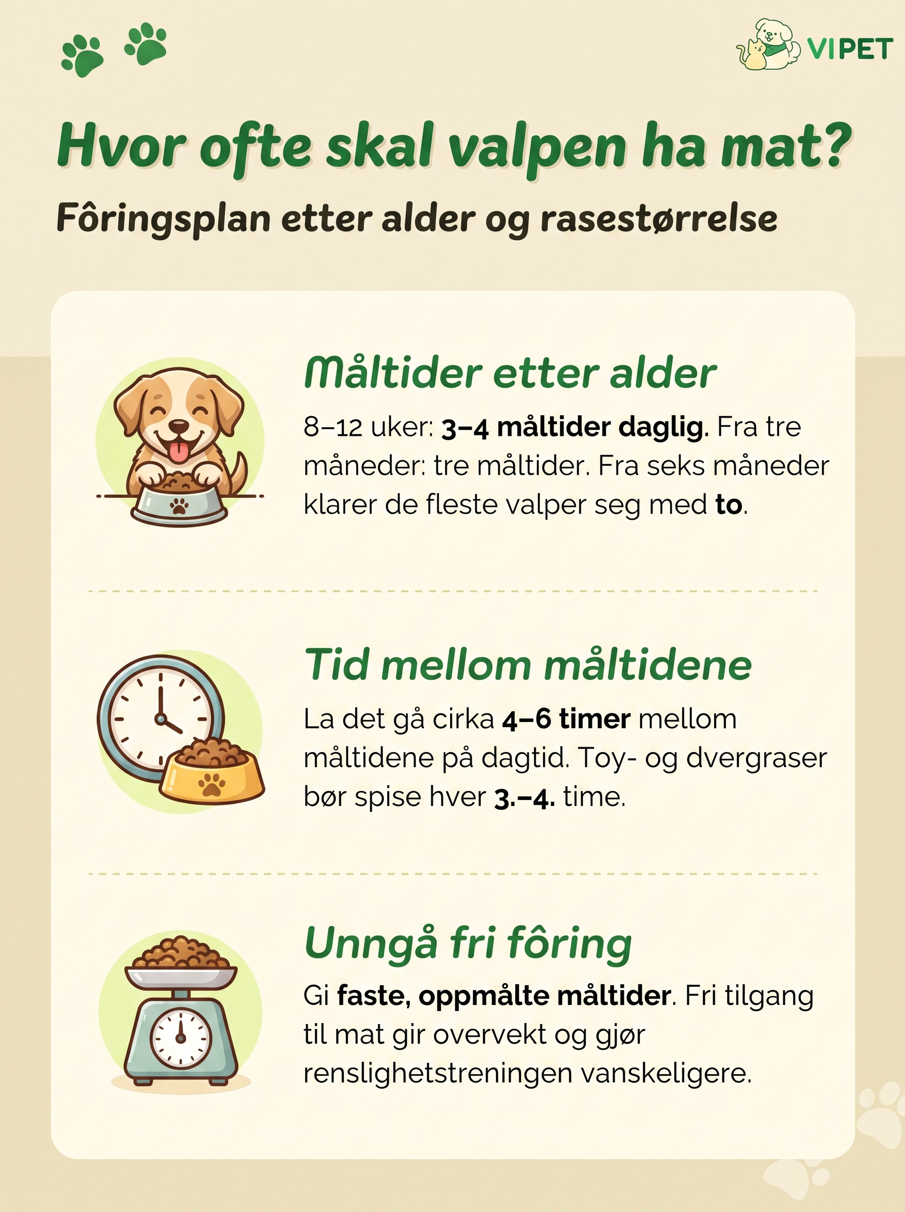 Infografikk over valpens fôringsplan: måltider etter alder, tid mellom måltidene og faste måltider framfor fri fôring.