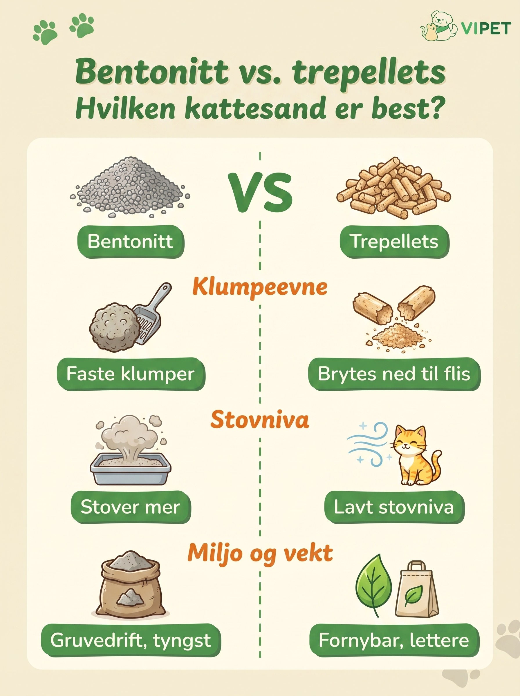 Sammenligning av bentonittsand og trepellets på klumpeevne, støvnivå, miljø og vekt