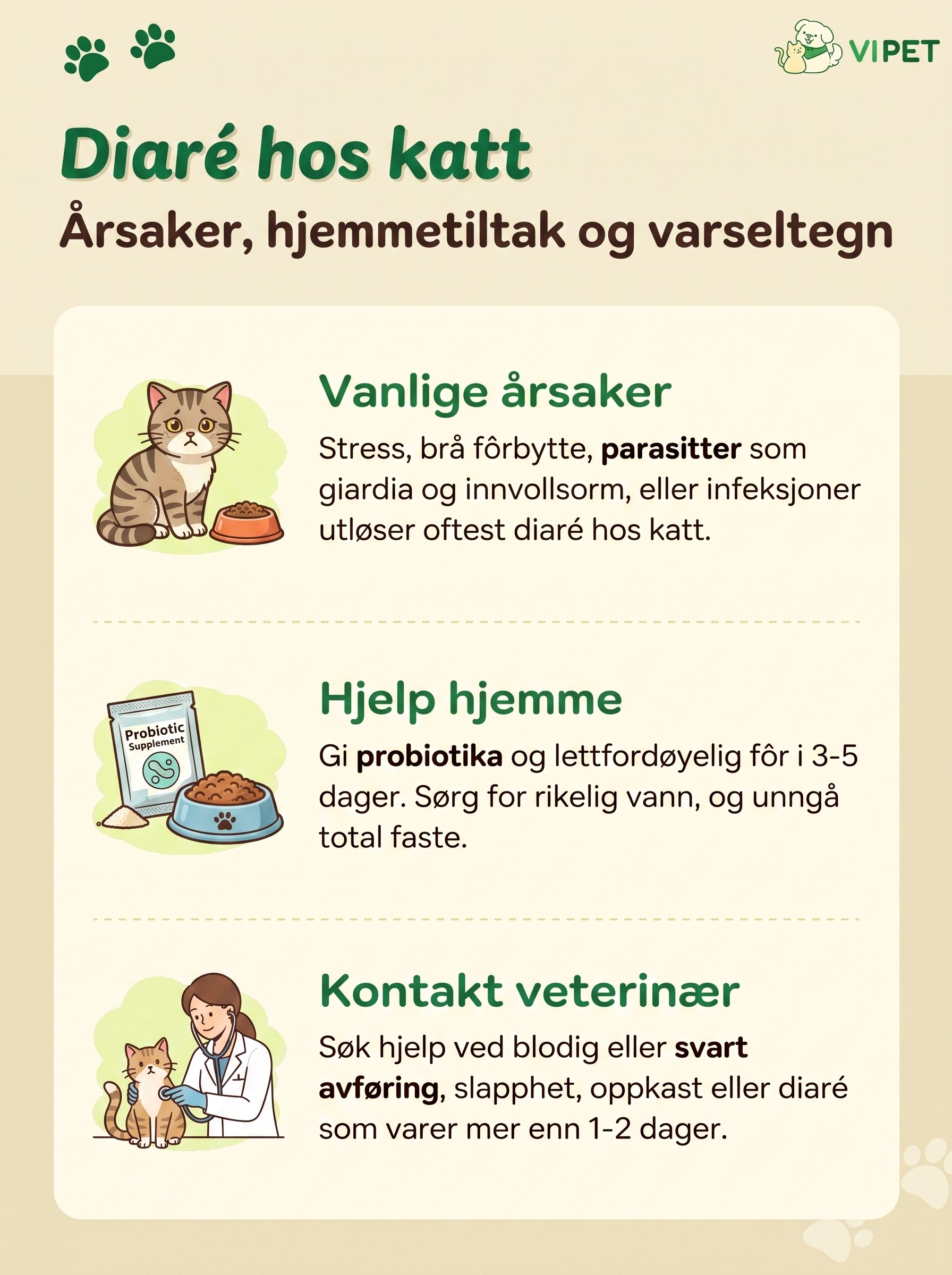 Infografikk om diaré hos katt: vanlige årsaker, hjemmetiltak og når du bør kontakte veterinær