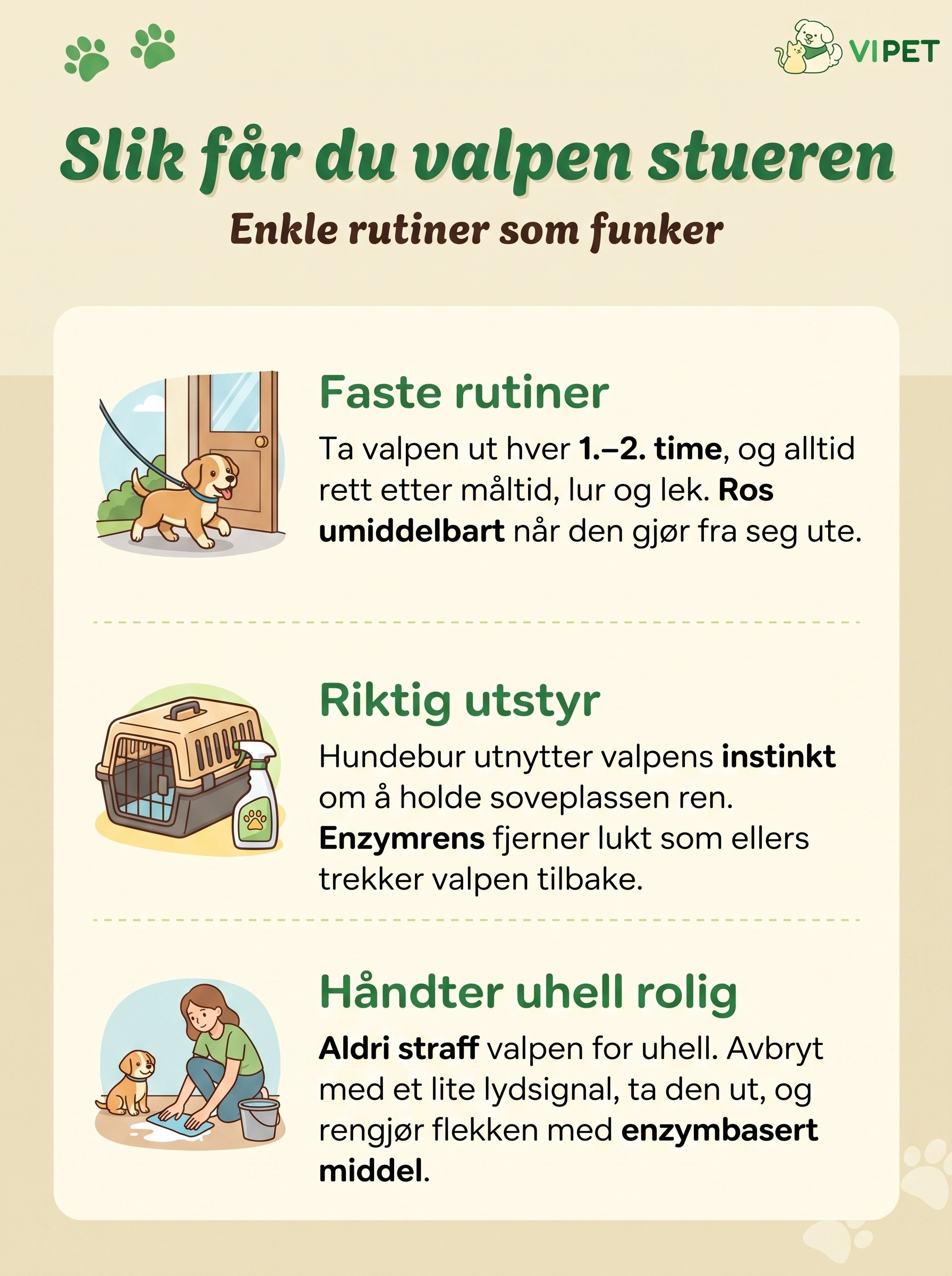 Infografikk med rutiner, utstyr og håndtering av uhell for å få valpen stueren