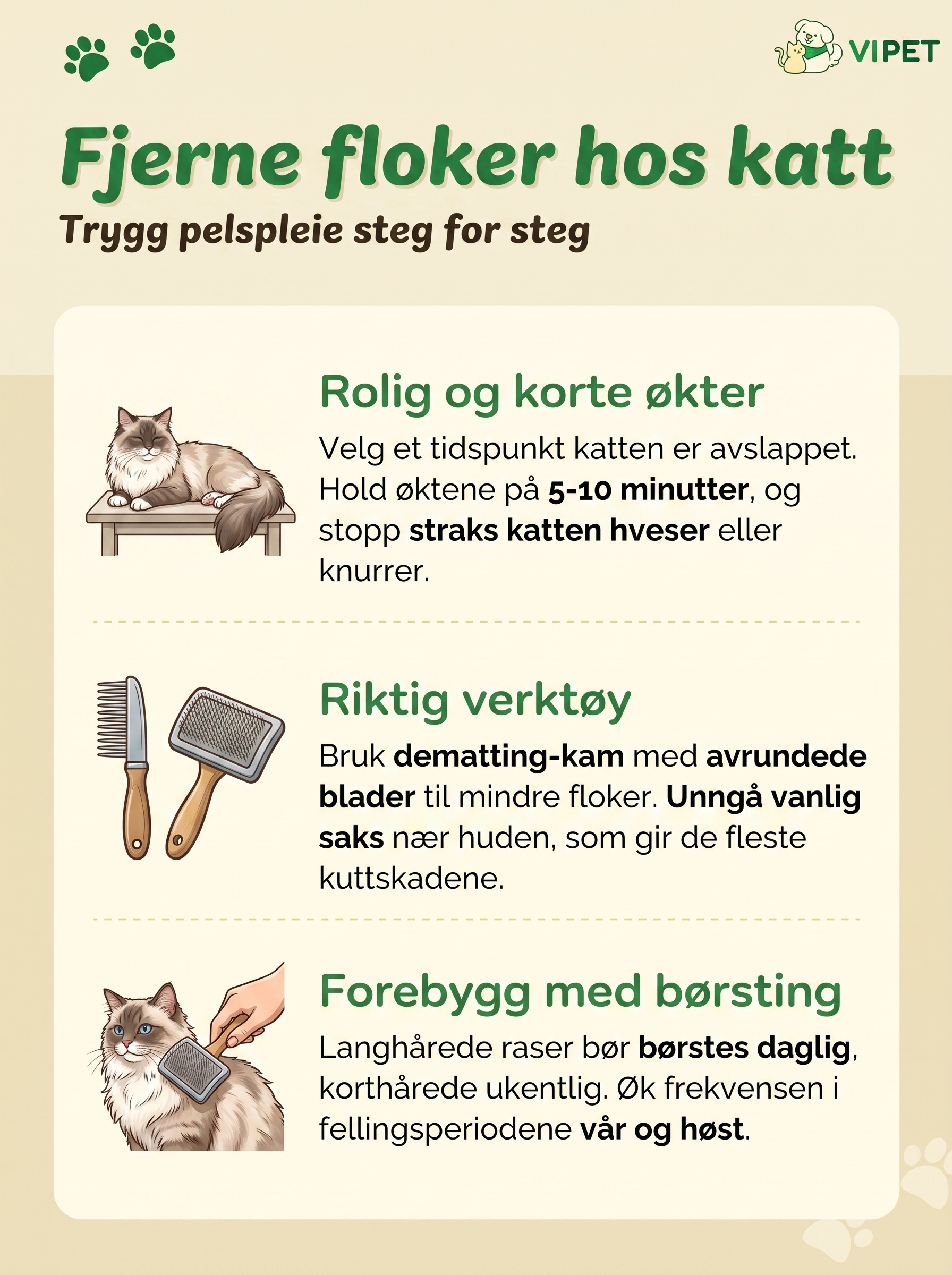 Infografikk som viser tre trinn for å fjerne floker hos katt: rolige økter, riktig verktøy og forebyggende børsting