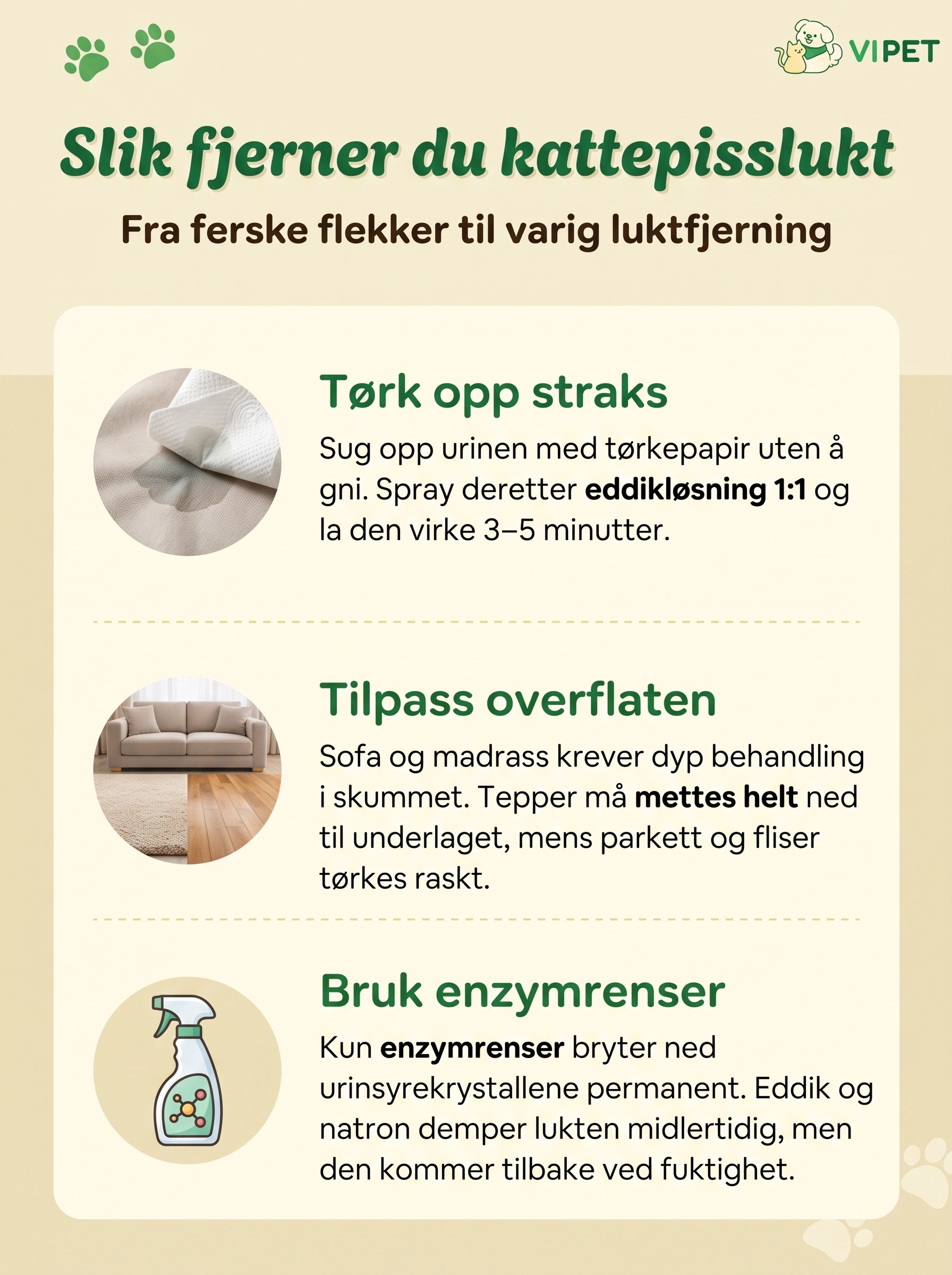 Infografikk som viser tre steg for å fjerne kattepisslukt: tørk opp raskt, tilpass overflaten og bruk enzymrenser.