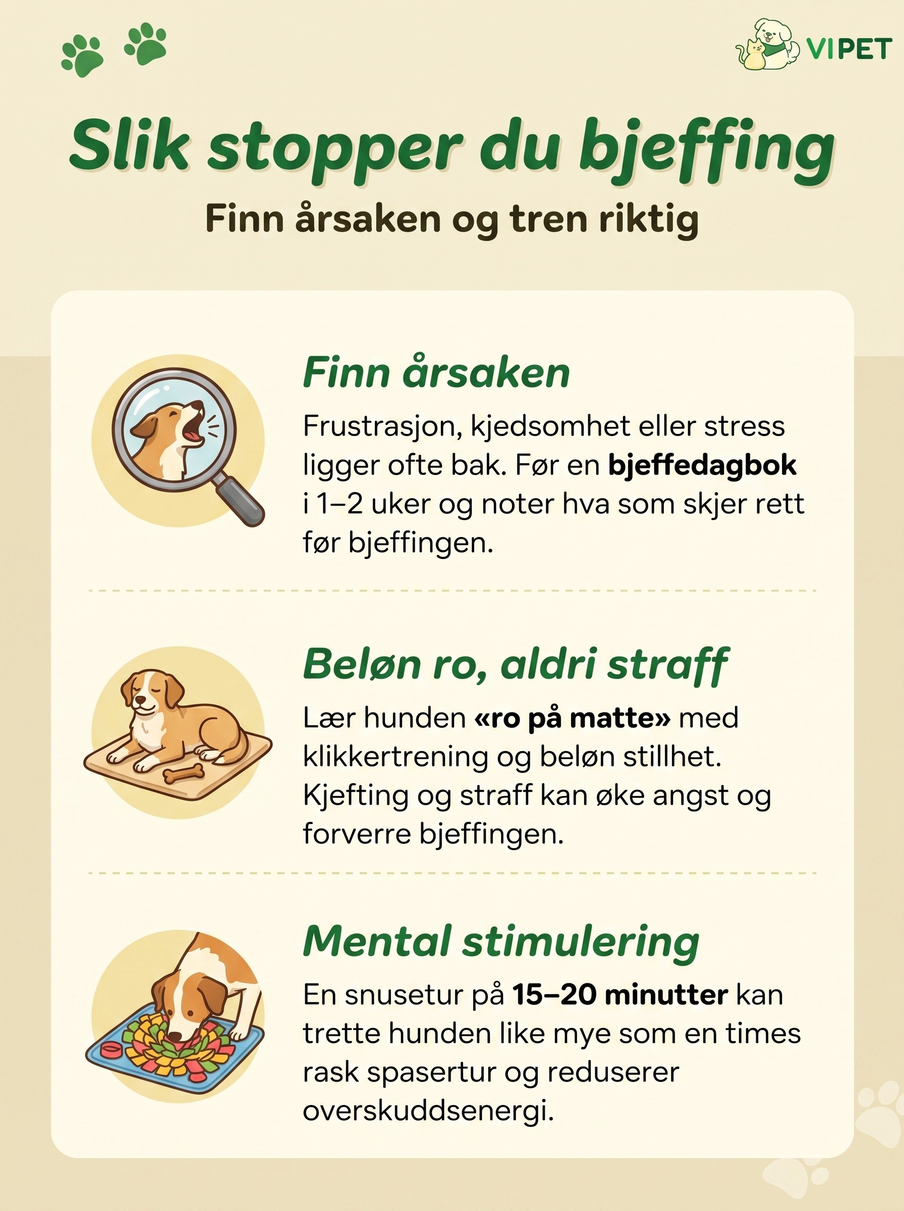 Infografikk med tre steg for å stoppe bjeffing hos hund: finn årsaken, beløn ro og gi mental stimulering
