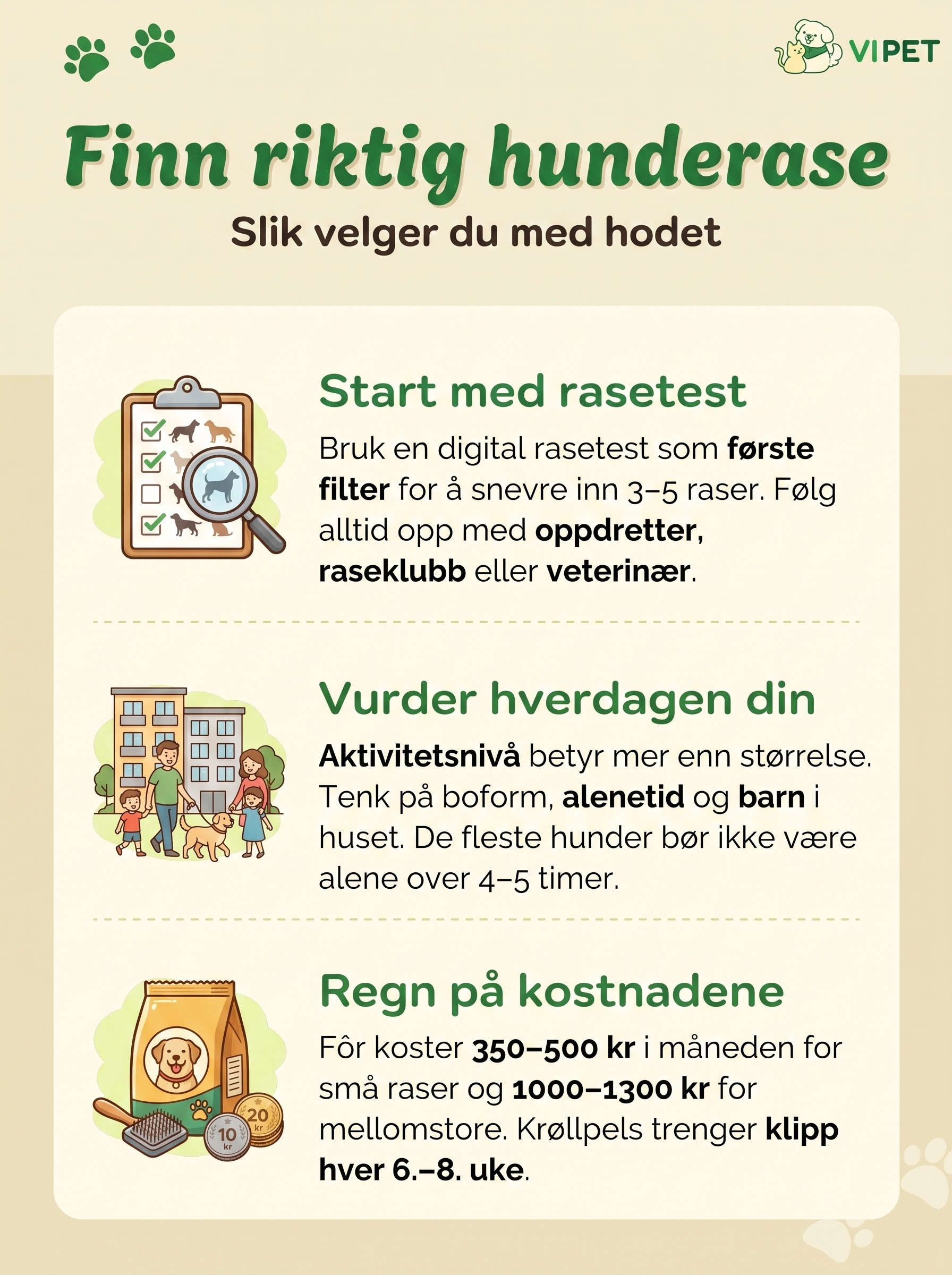 Infografikk om hvordan du finner riktig hunderase med rasetest, livssituasjon og kostnader