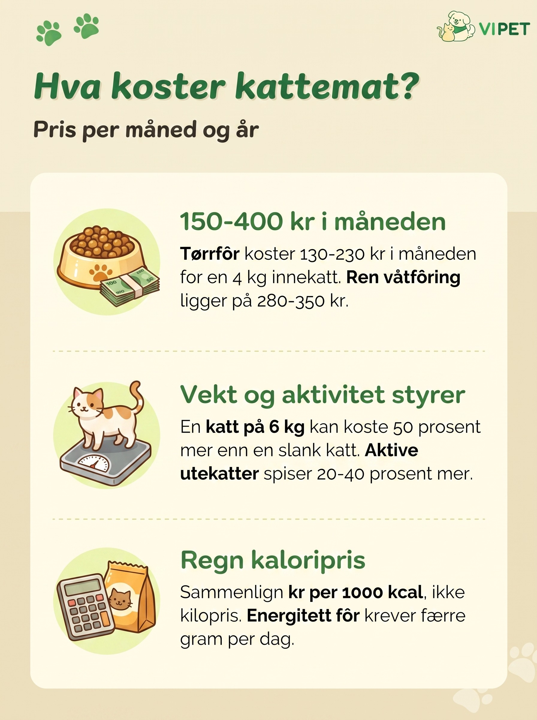 Infografikk som viser hva kattemat koster per måned, hva som påvirker prisen og hvordan du regner kaloripris