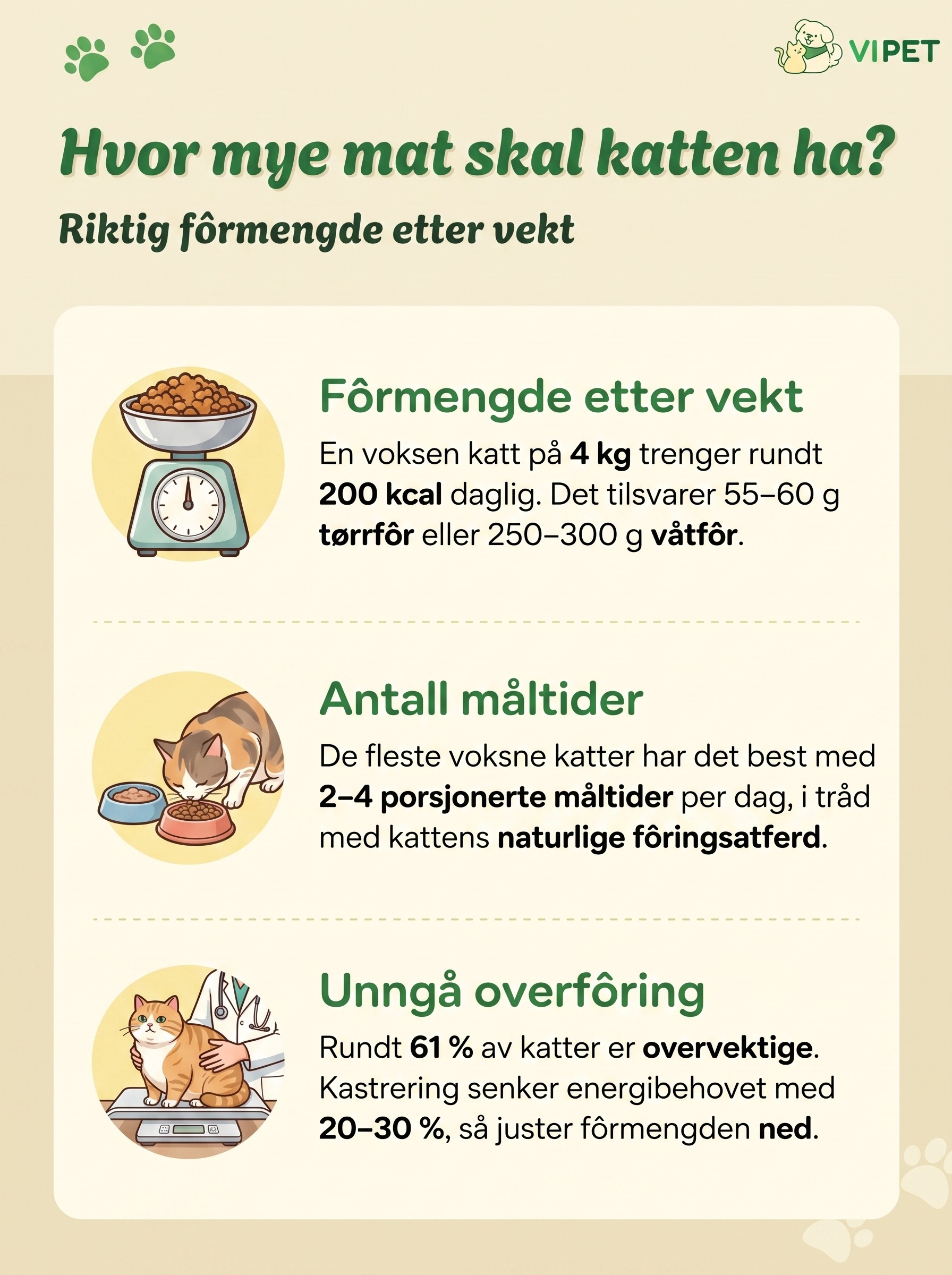Infografikk som viser fôrmengde etter kattens vekt, antall måltider per dag og hvordan unngå overfôring