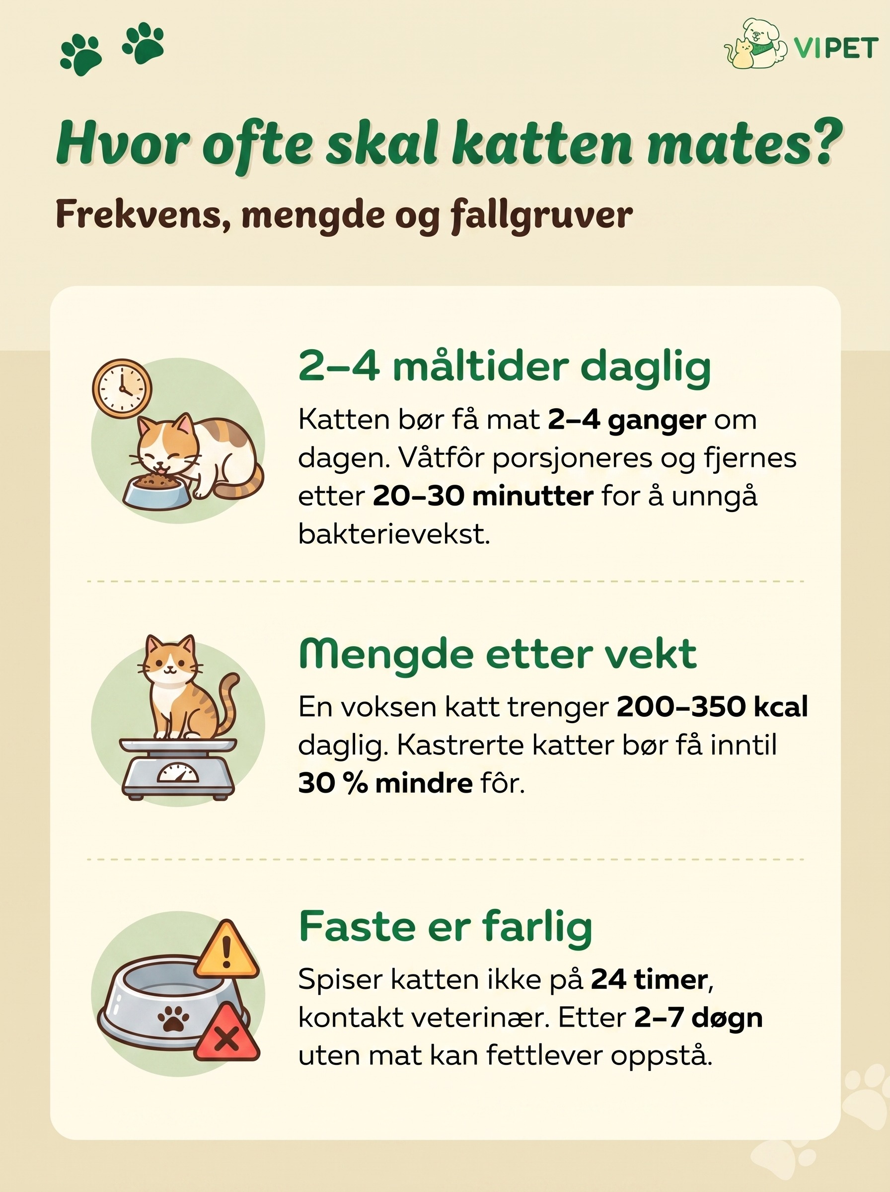Infografikk om hvor ofte katten bør mates, riktig fôrmengde etter vekt og farene ved faste