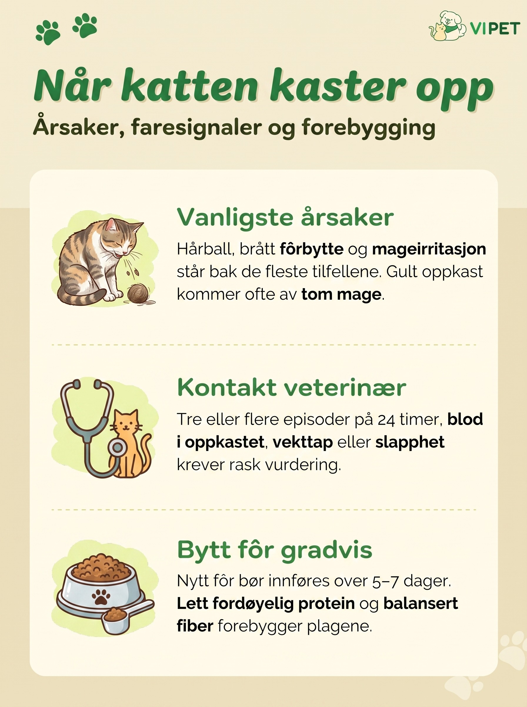 Infografikk om katt som kaster opp: vanligste årsaker, når du bør kontakte veterinær og gradvis fôrbytte