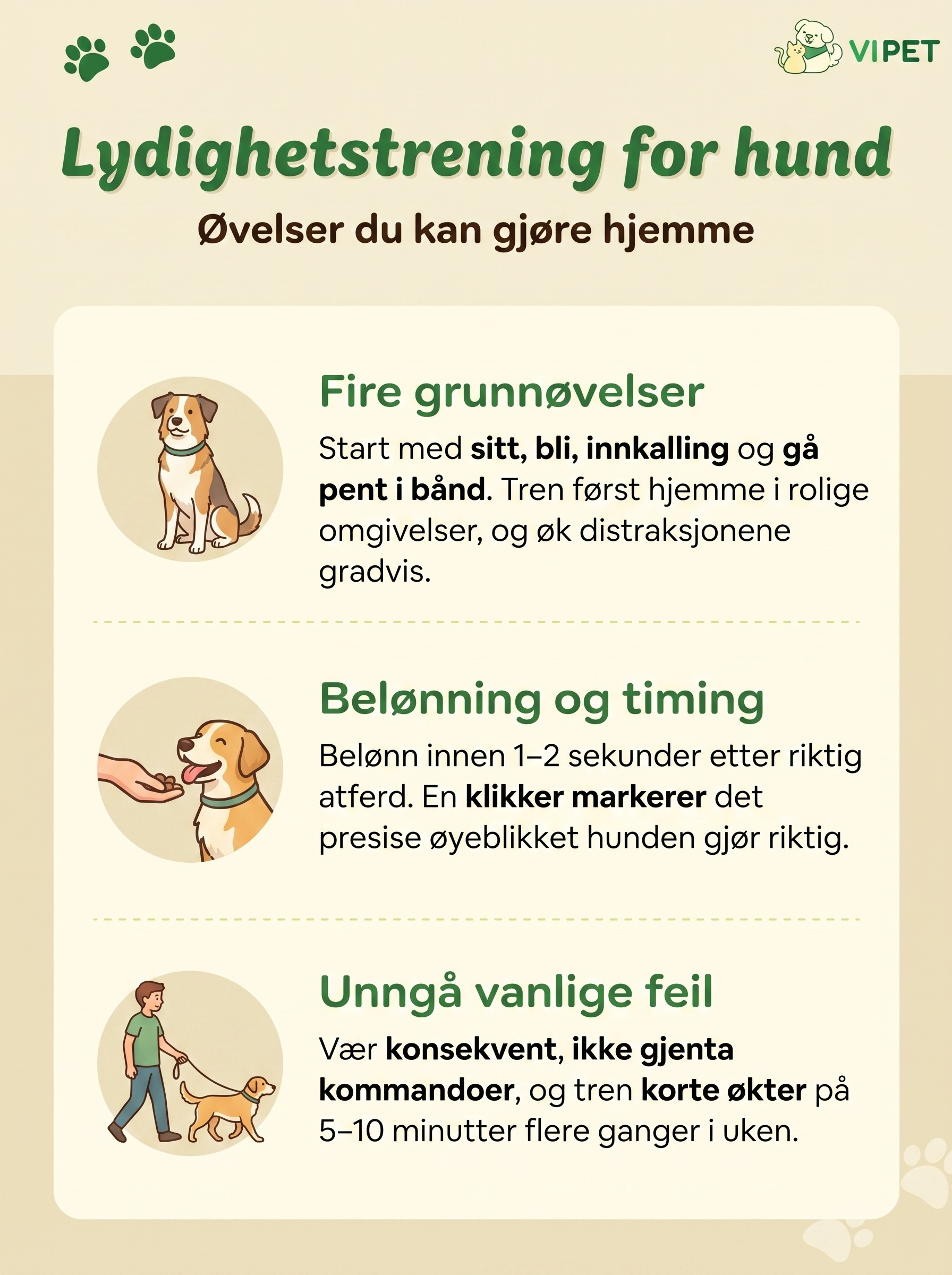 Infografikk med grunnøvelser, belønningstips og vanlige feil i lydighetstrening av hund