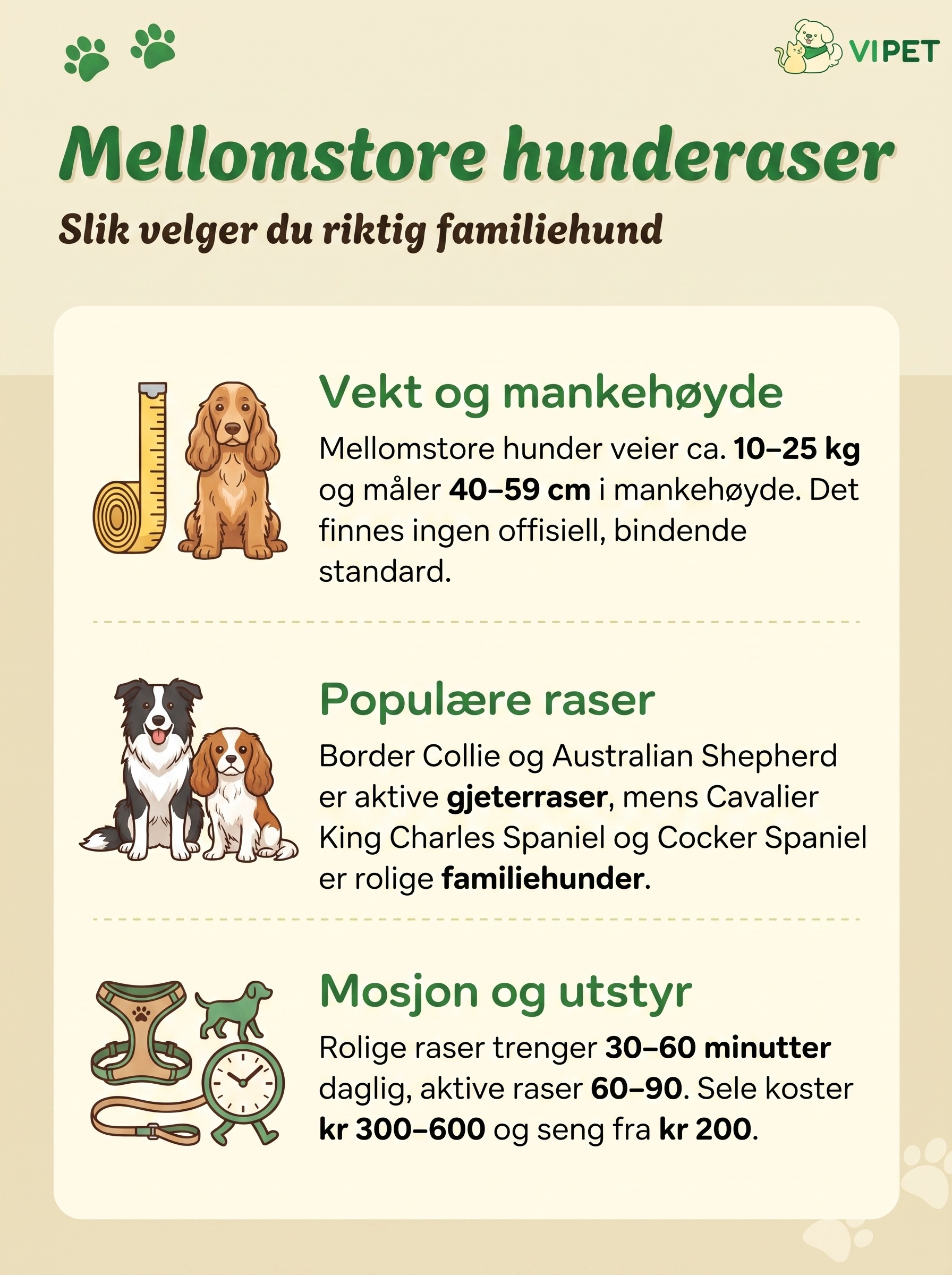 Infografikk om mellomstore hunderaser med vekt, mankehøyde, populære raser og daglig mosjonsbehov