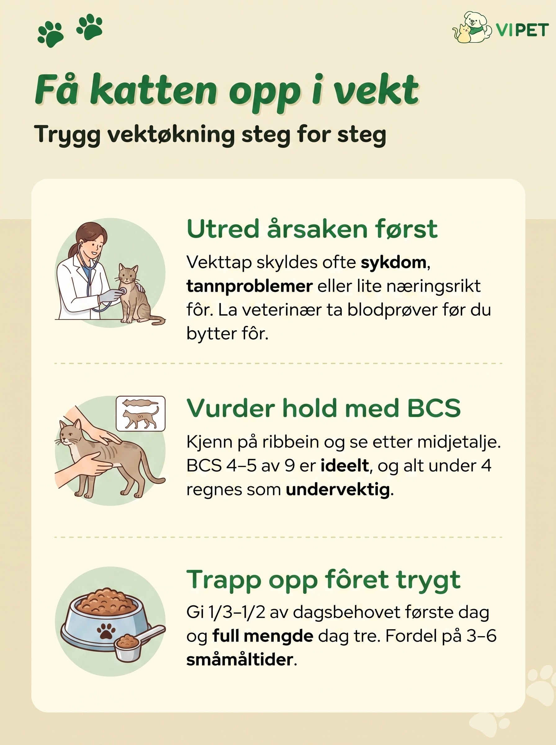Infografikk som viser tre steg for trygg vektøkning hos undervektig katt: utred årsak, vurder BCS og trapp opp fôret.