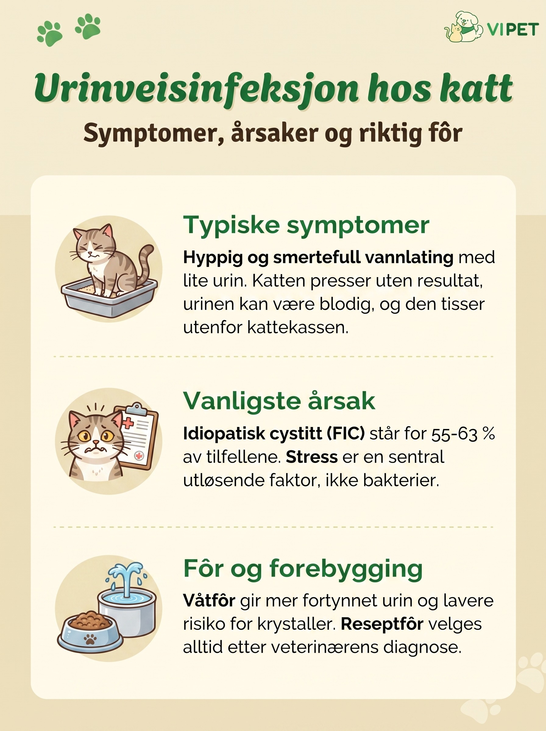 Infografikk om urinveisinfeksjon hos katt med symptomer, vanligste årsak og riktig fôrvalg