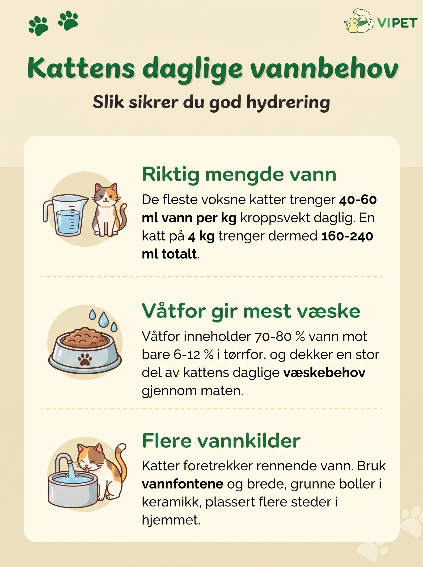 Infografikk som viser kattens daglige vannbehov, vatfor mot torrfor og tips til flere vannkilder