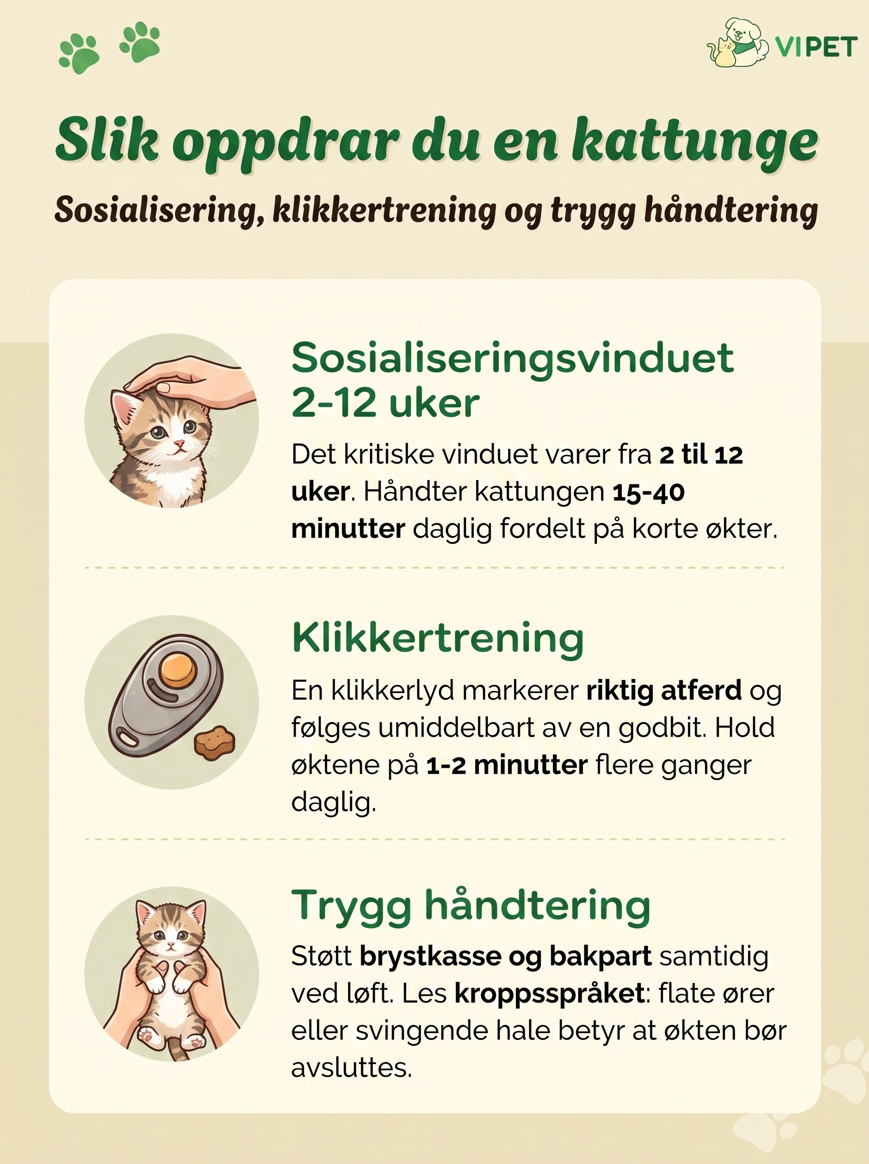Infografikk om å oppdra en kattunge: sosialiseringsvindu, klikkertrening og trygg håndtering.