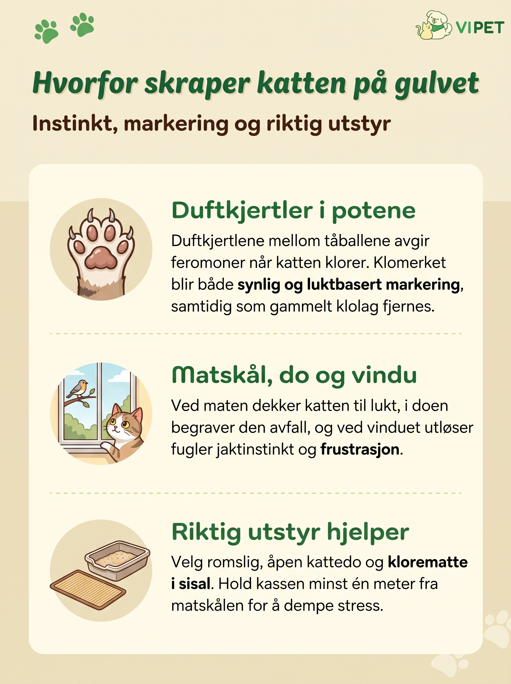 Infografikk som forklarer hvorfor katten skraper på gulvet: duftkjertler, situasjon ved mat og vindu, og riktig utstyr.