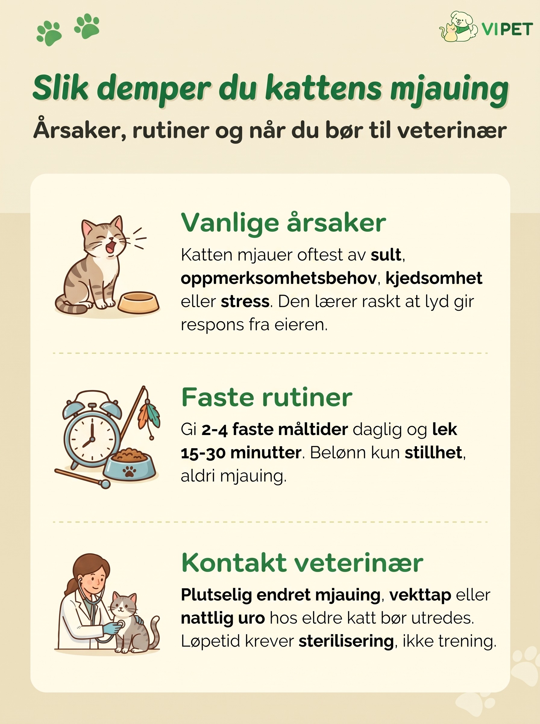Infografikk om hvorfor katten mjauer, rutiner som demper mjauingen og når du bør kontakte veterinær